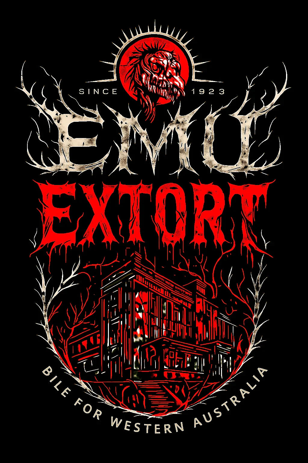 Emo Extort logo with a red zombie emu and building illustration on a black background