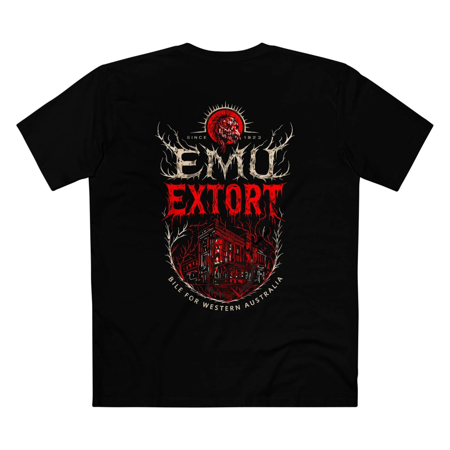 Black t-shirt with 'EMU EXTORT' graphic design on a white background