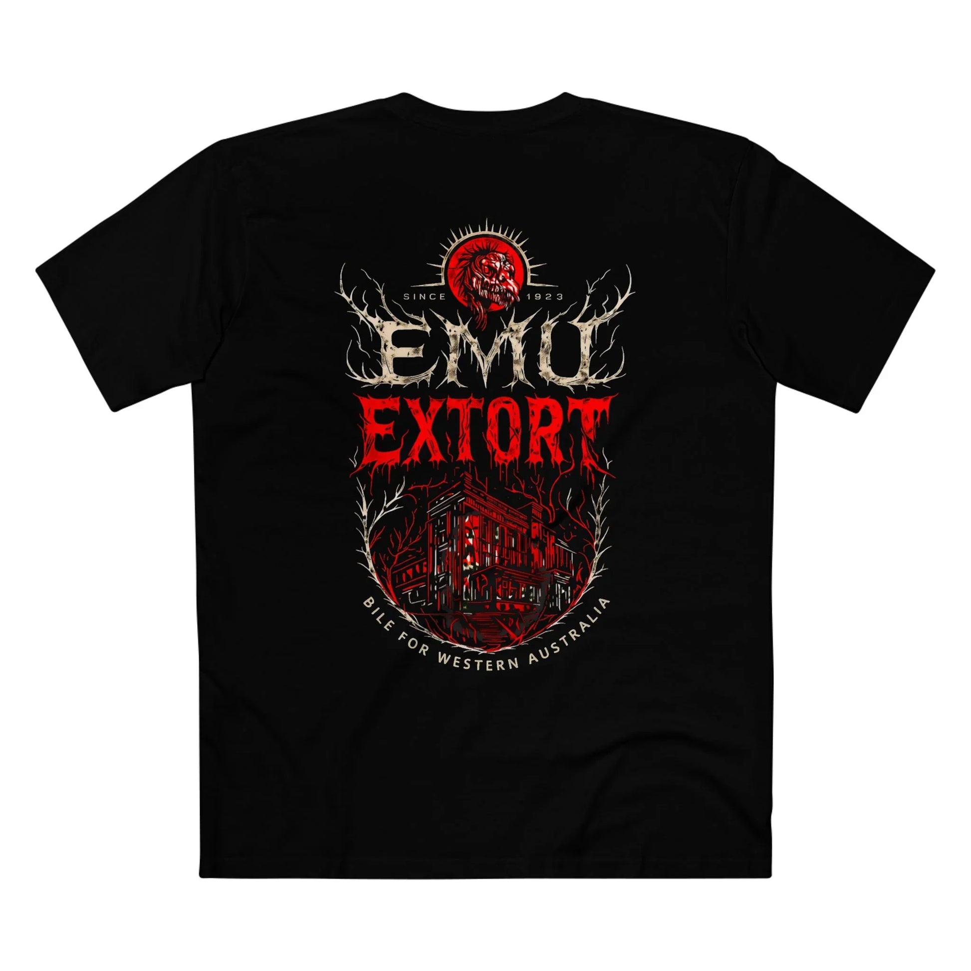 Black t-shirt with 'EMU EXTORT' graphic design on a white background