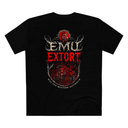 Black t-shirt with 'EMU EXTORT' graphic design on a white background