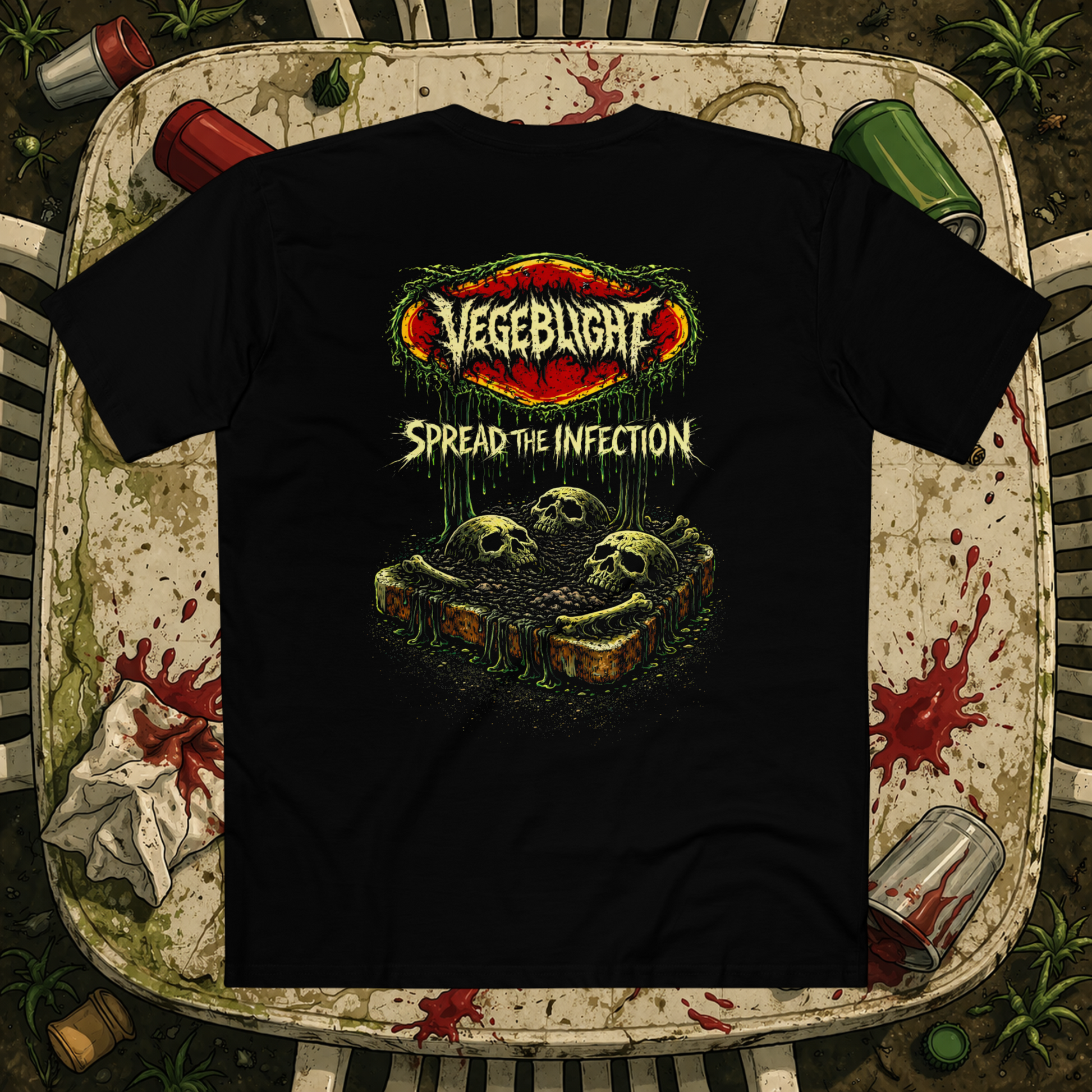 Distorted Reality Vegeblight T-Shirt back view, casual unisex tee with vibrant graphic design on the back.