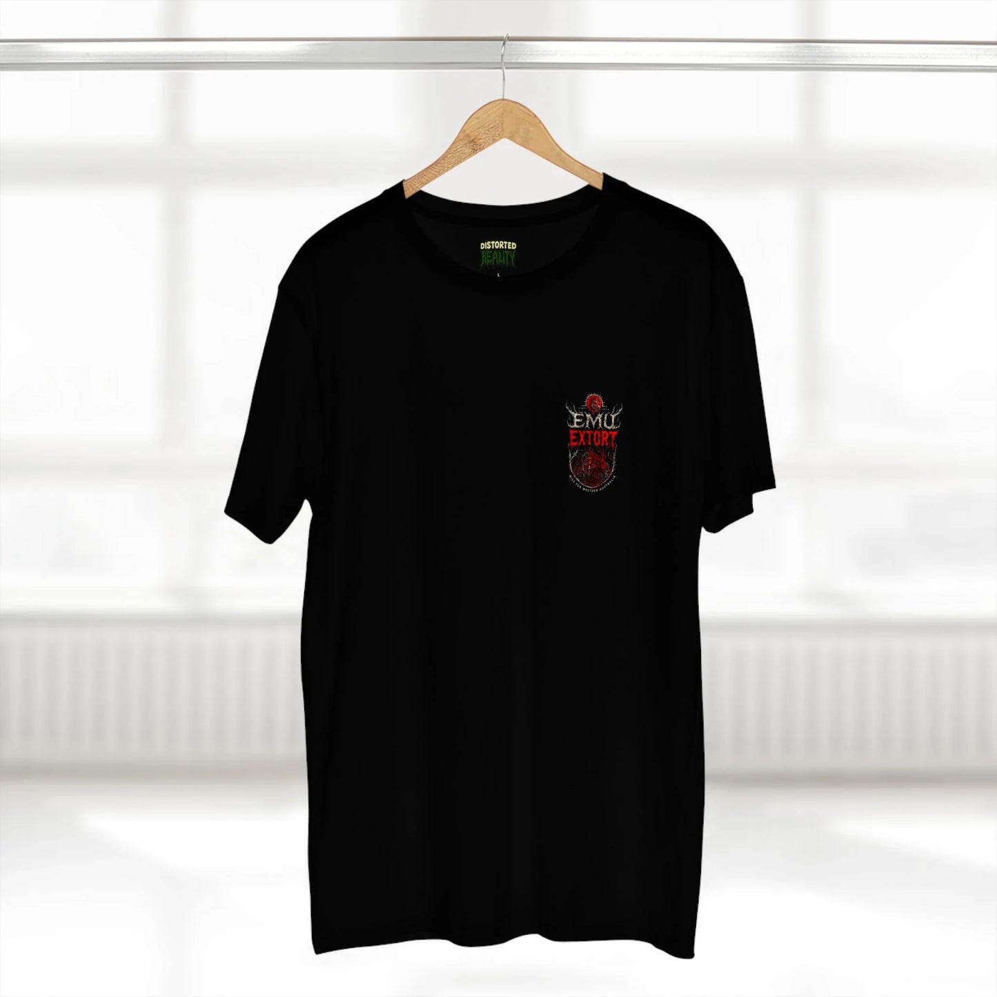 Black t-shirt with an Emu Extort logo on a hanger against a white background