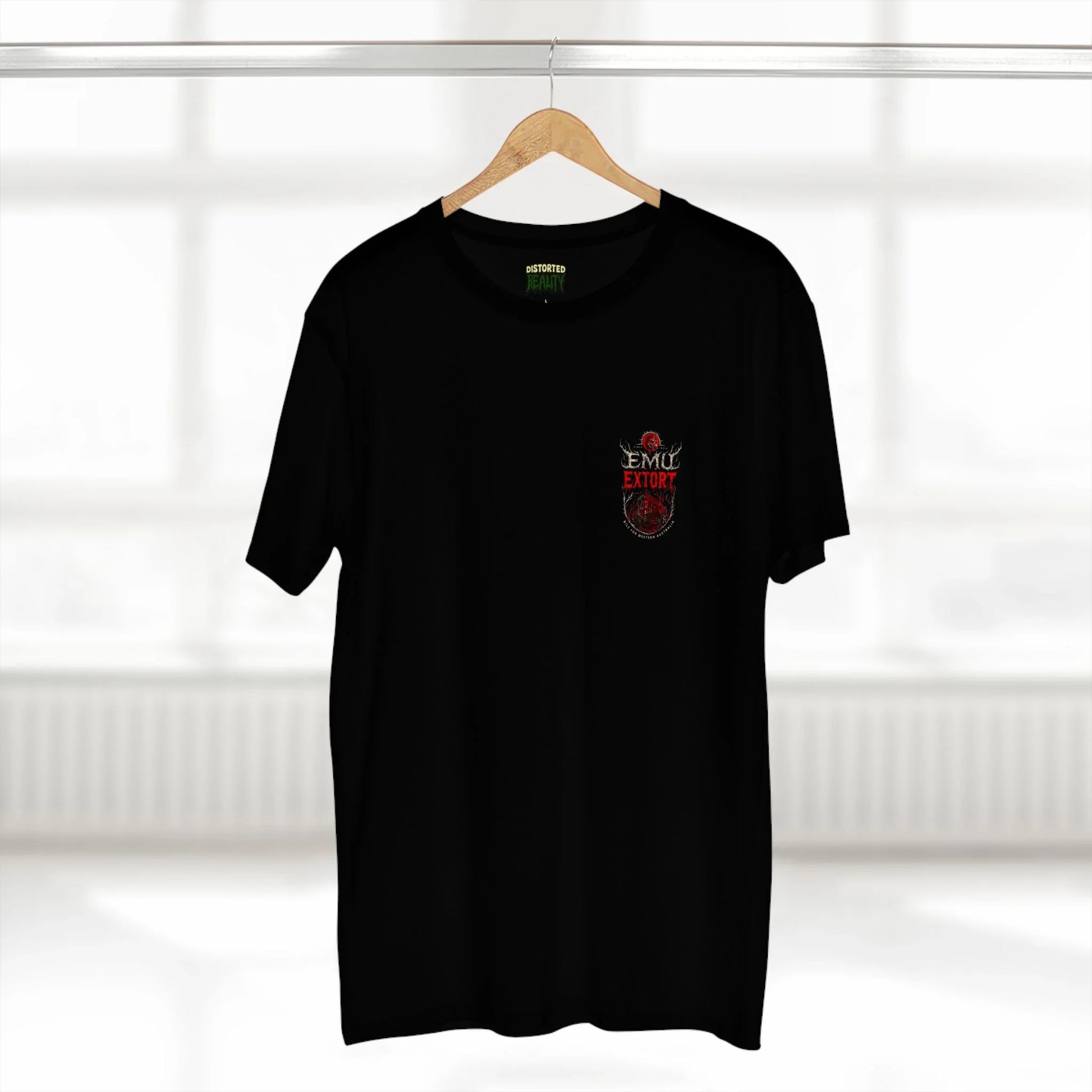 Black t-shirt with an Emu Extort logo on a hanger against a white background