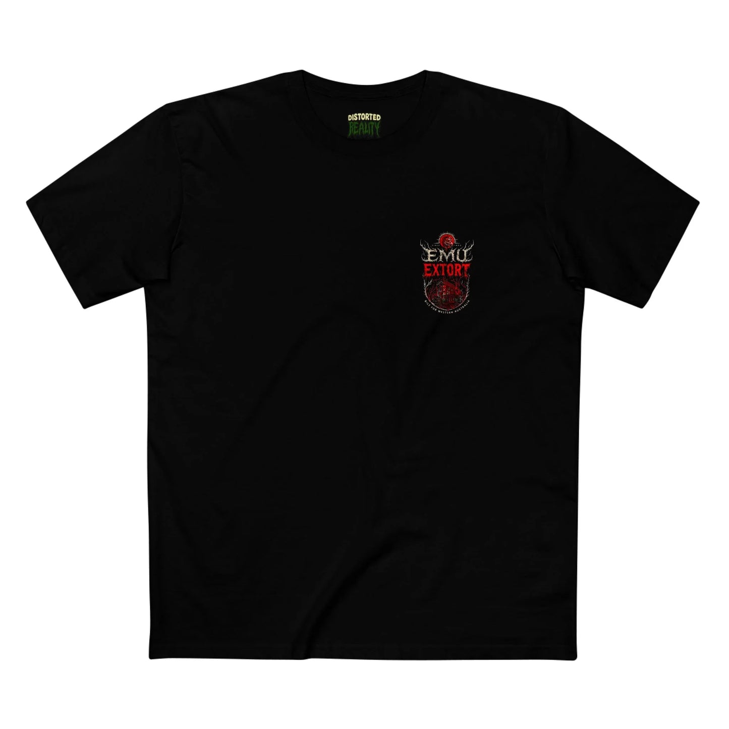 Black t-shirt with an Emu Extort logo on the chest against a white background