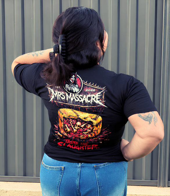 Back view of Distorted Reality Mrs Massacre T-Shirt featuring bold graphic design on the back.