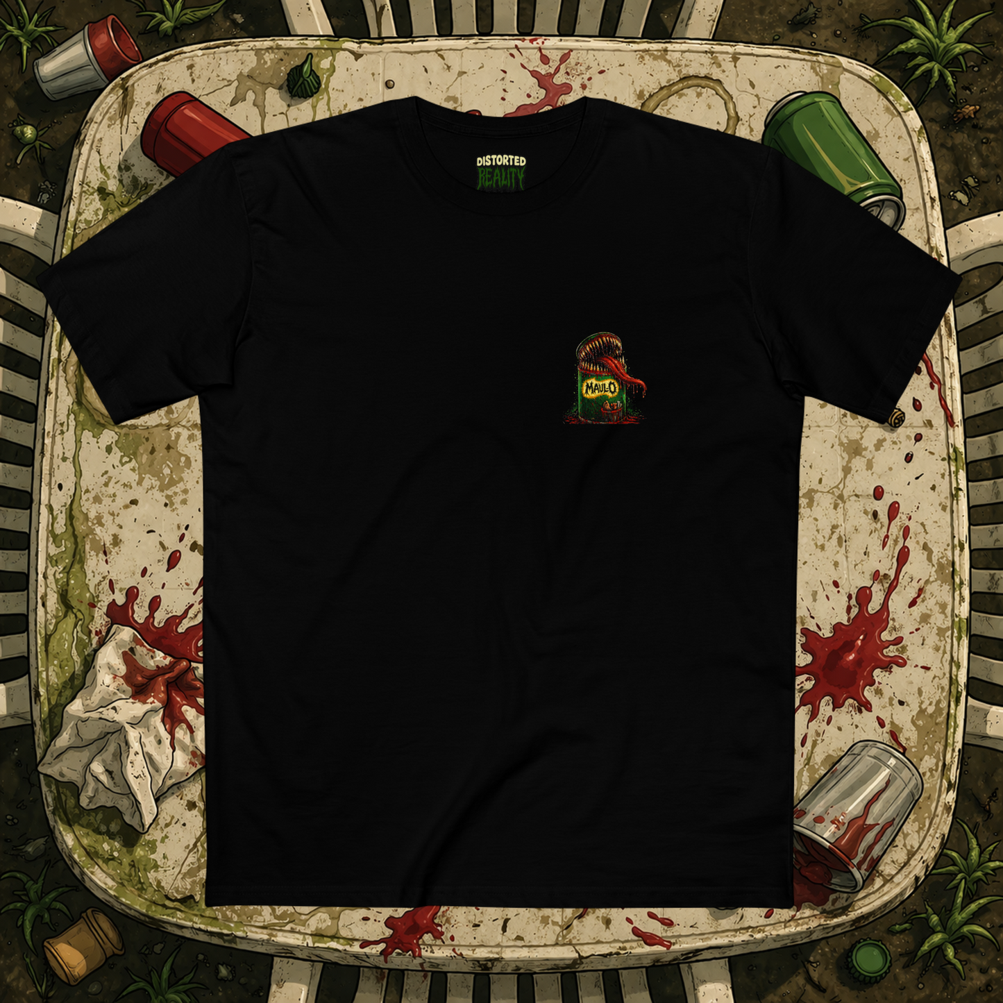 Front view of Distorted Reality MAUL-O T-Shirt in black with graphic design on the chest, displayed on a mannequin.