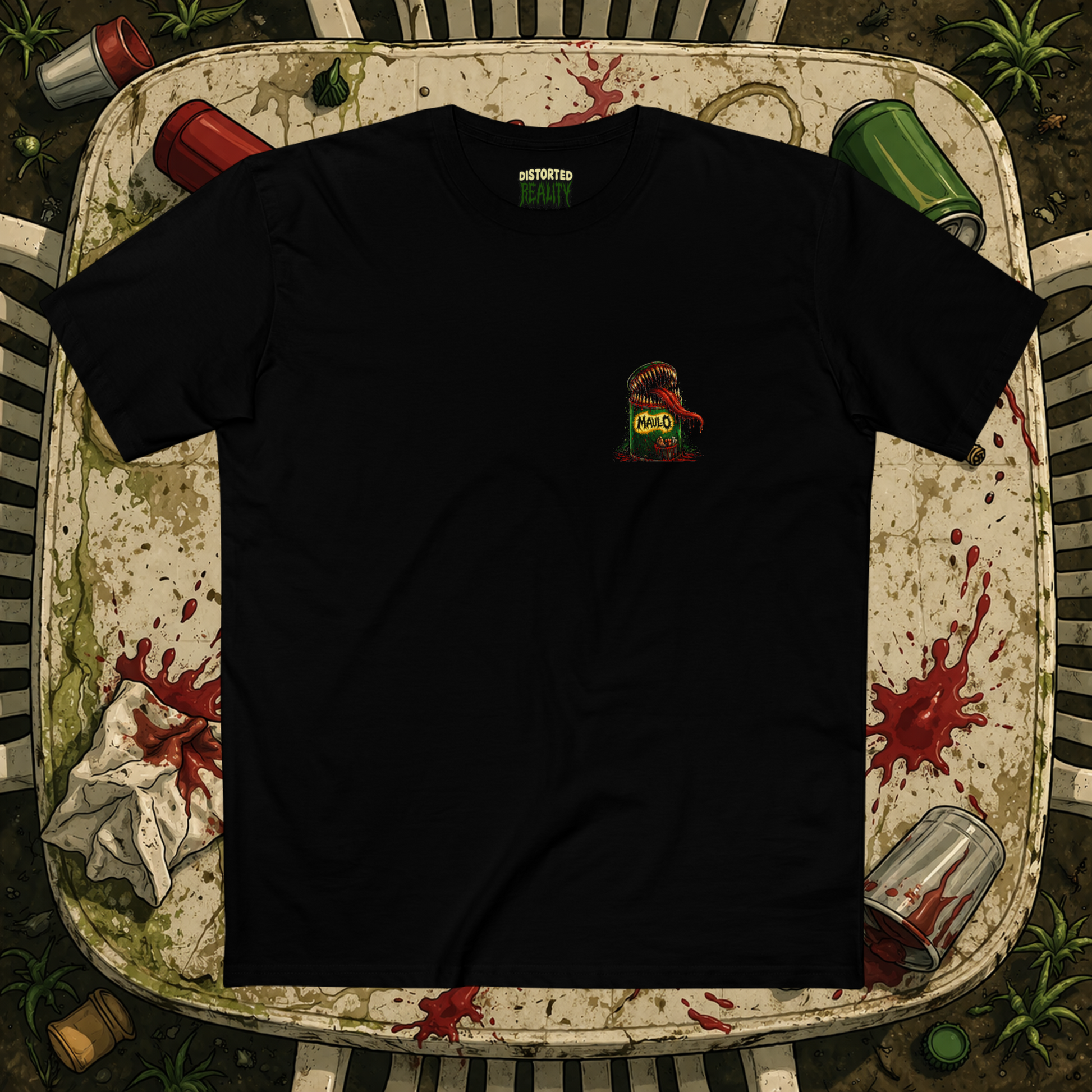 Front view of Distorted Reality MAUL-O T-Shirt in black with graphic design on the chest, displayed on a mannequin.