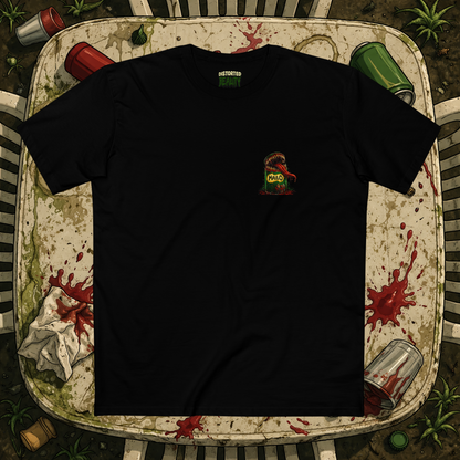 Front view of Distorted Reality MAUL-O T-Shirt in black with graphic design on the chest, displayed on a mannequin.