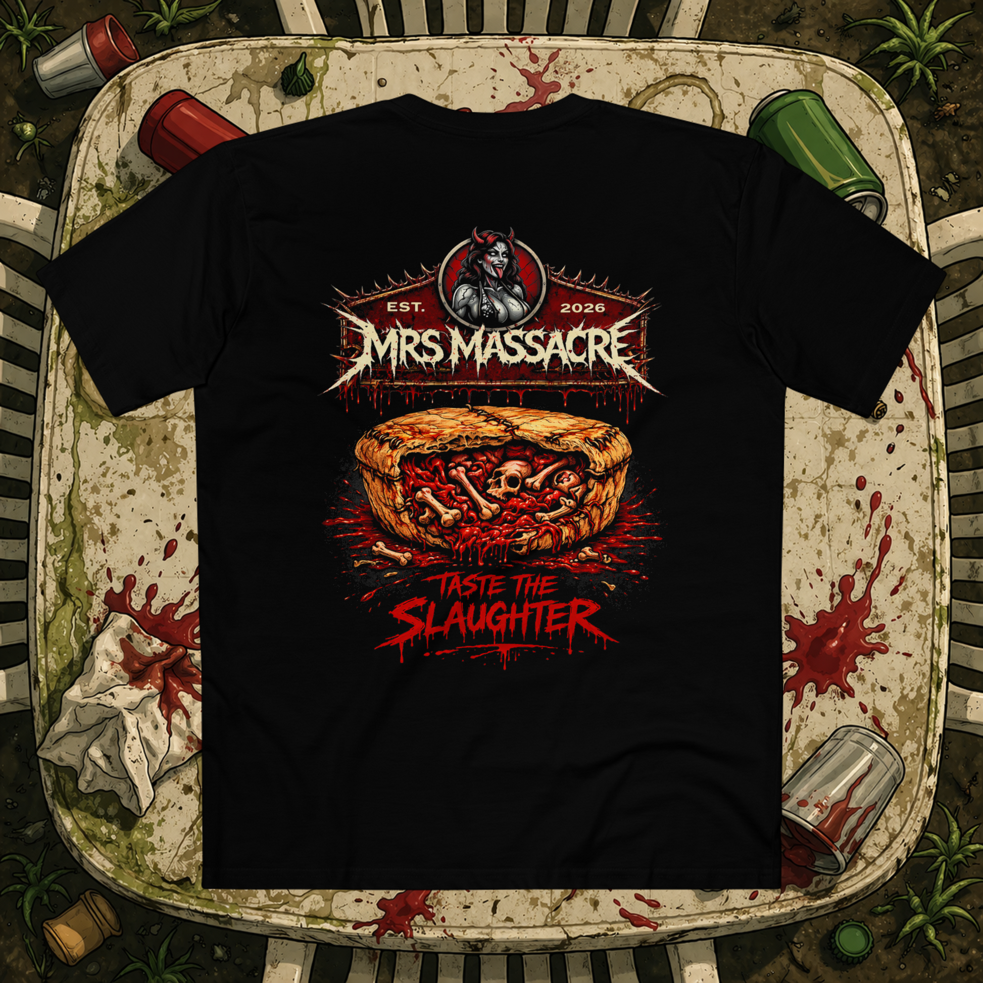Black Mrs Massacre T-shirt by Distorted Reality featuring a graphic design on the back.