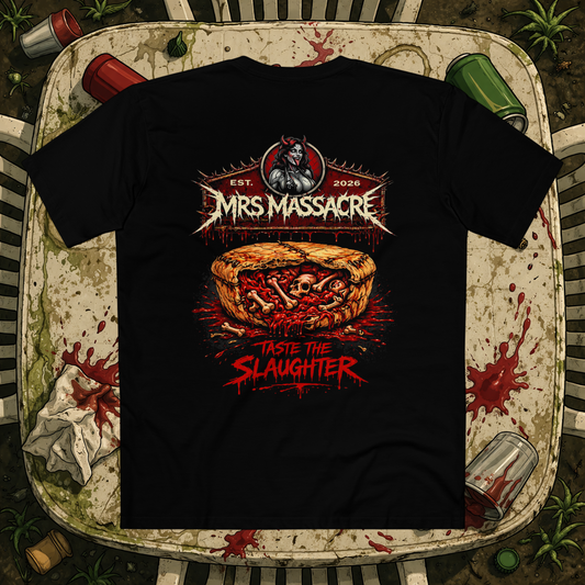 Black Mrs Massacre T-shirt by Distorted Reality featuring a graphic design on the back.
