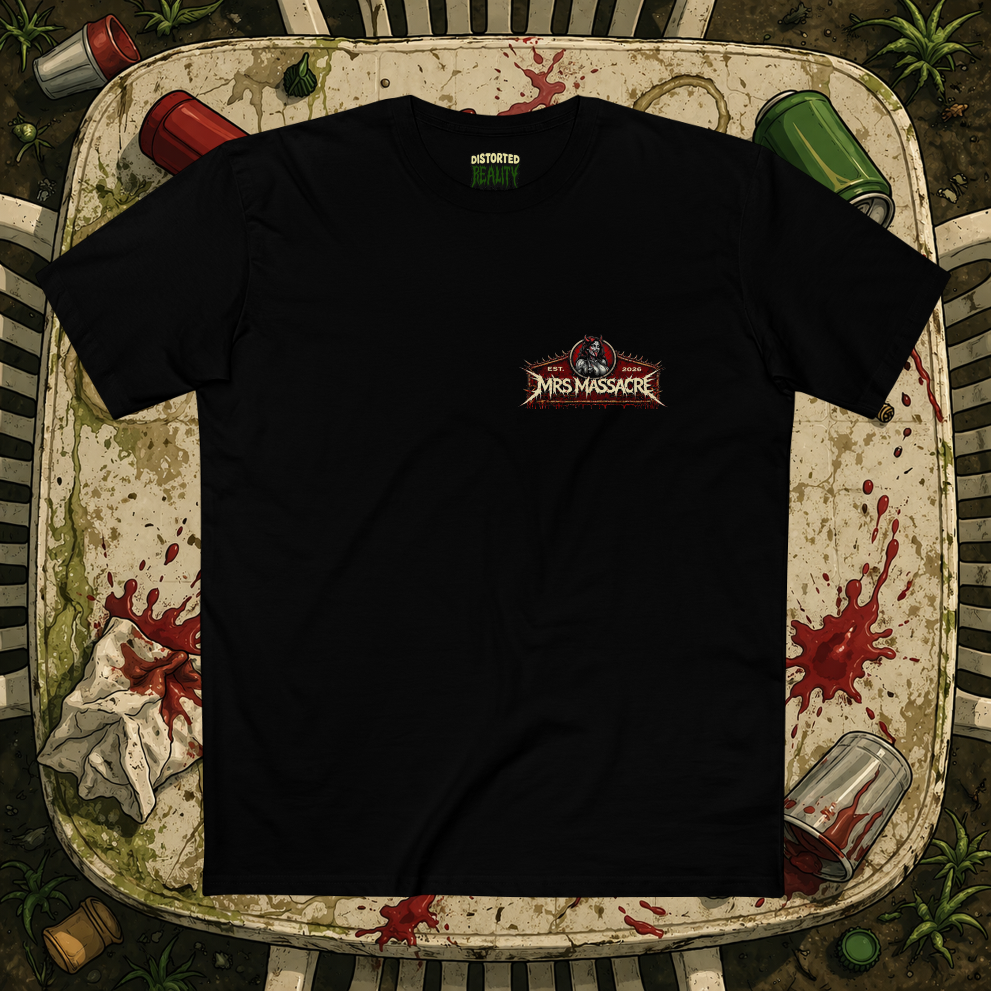 Front view of the Mrs Massacre Tee by Distorted Reality featuring bold graphic design on a black cotton t-shirt.