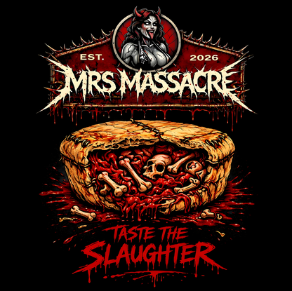 Distorted Reality Mrs Massacre T-shirt featuring bold graphic design on a black fabric, presale product.