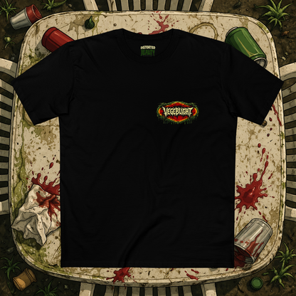 Distorted Reality Vegeblight T-Shirt front mockup, casual graphic tee with vibrant design, perfect for streetwear and everyday wear.