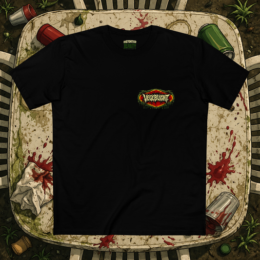 Distorted Reality Vegeblight T-Shirt front mockup, casual graphic tee with vibrant design, perfect for streetwear and everyday wear.